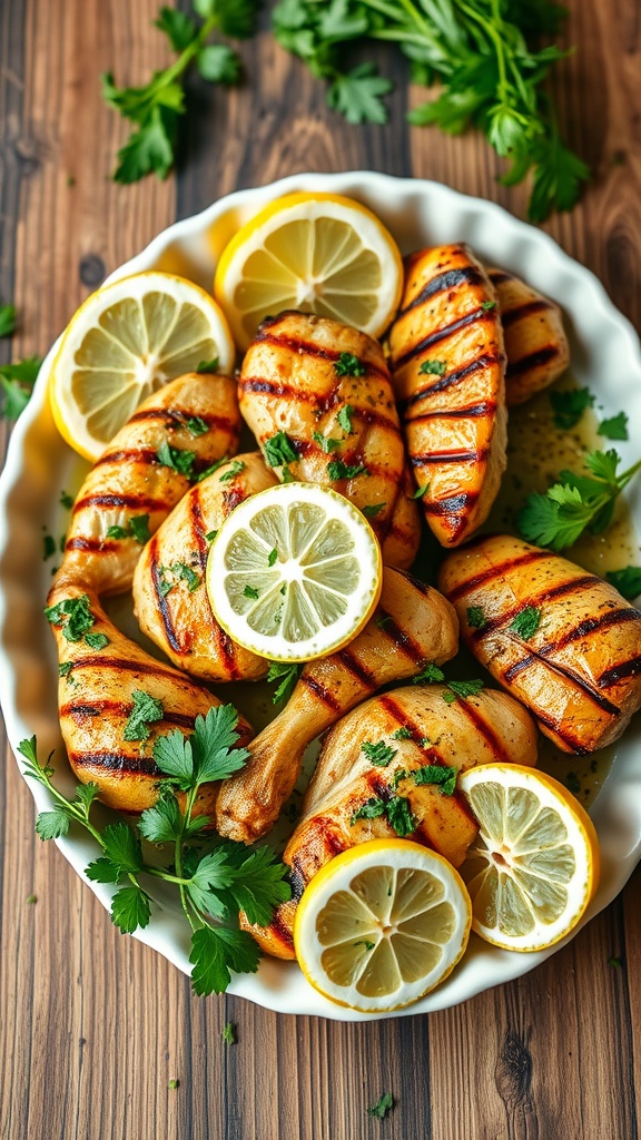 Plate of grilled chicken with lemon slices and herbs