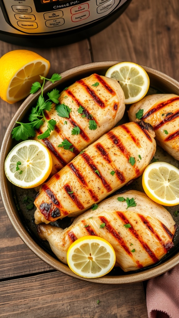 Grilled chicken with lemon slices and herbs on a wooden table
