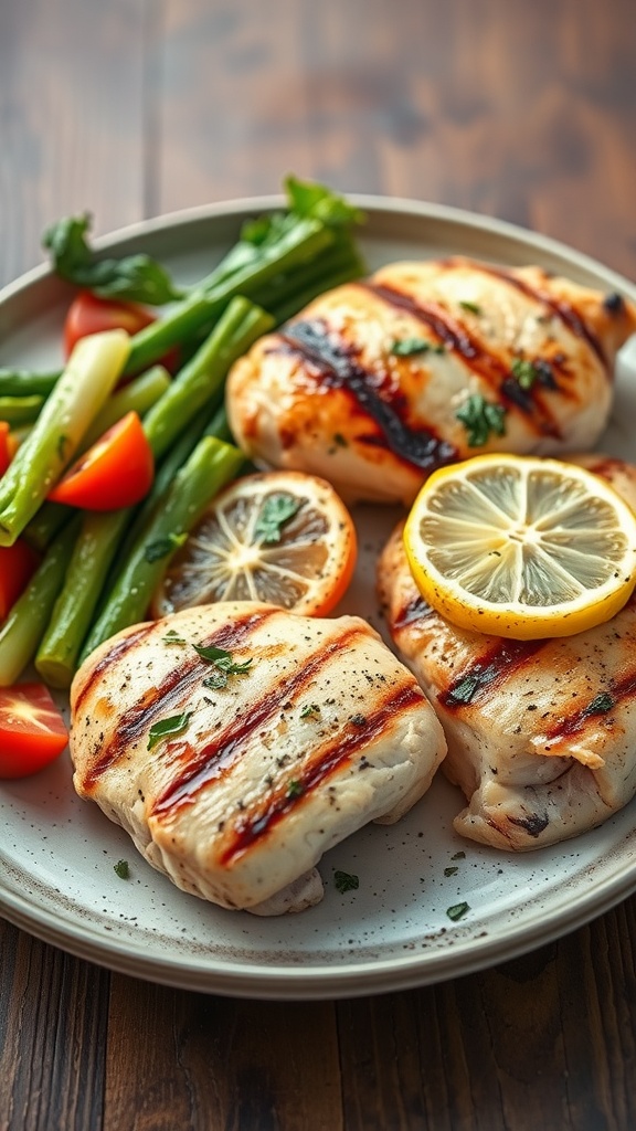 Grilled chicken breasts garnished with lemon and herbs, served with vegetables.