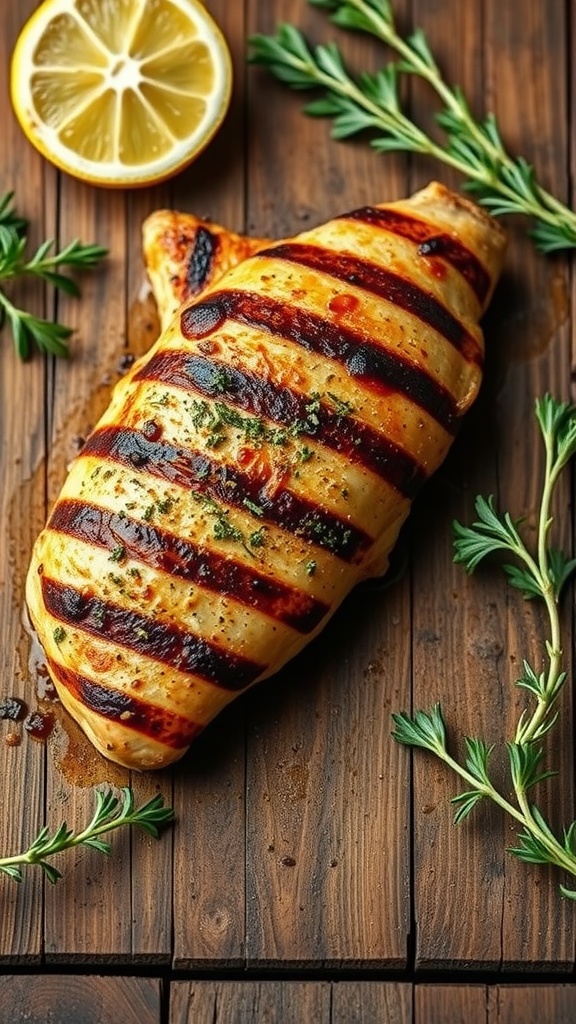 Grilled chicken breast with lemon and herbs on a wooden table