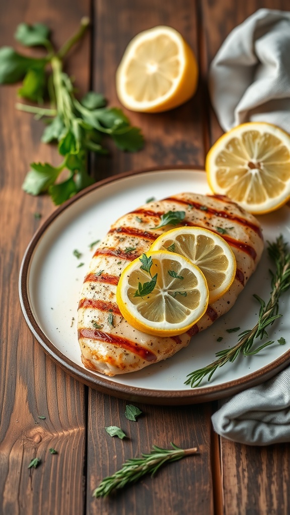 Grilled chicken breast garnished with lemon slices and herbs
