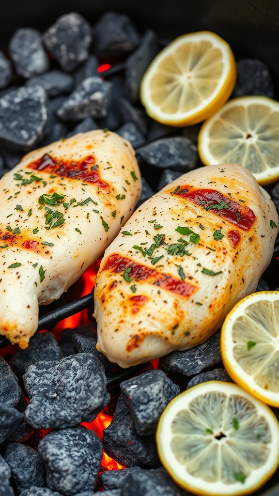 Grilled chicken breasts with herbs and lemon slices