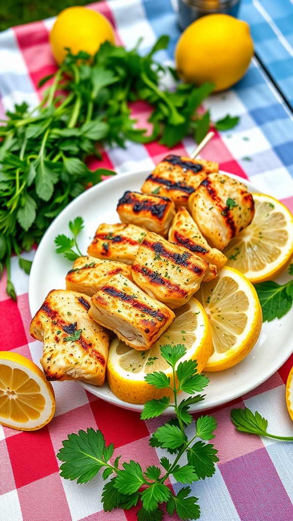 Grilled chicken skewers with lemon and herbs on a plate