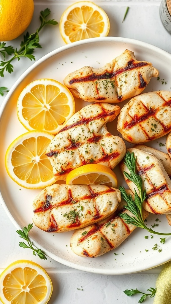 Grilled chicken strips served with lemon slices and herbs.