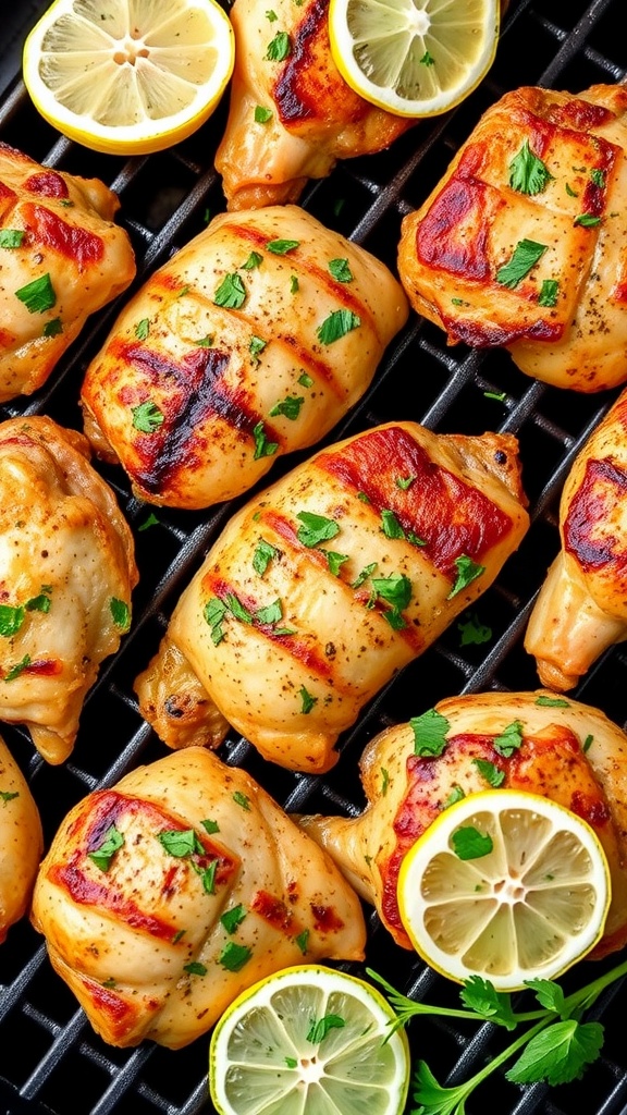 Grilled chicken thighs seasoned with lemon and herbs, served with lemon slices.