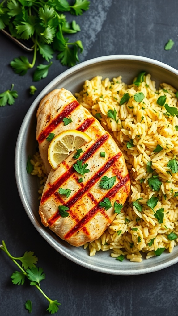 Grilled chicken breast with cilantro rice in a bowl