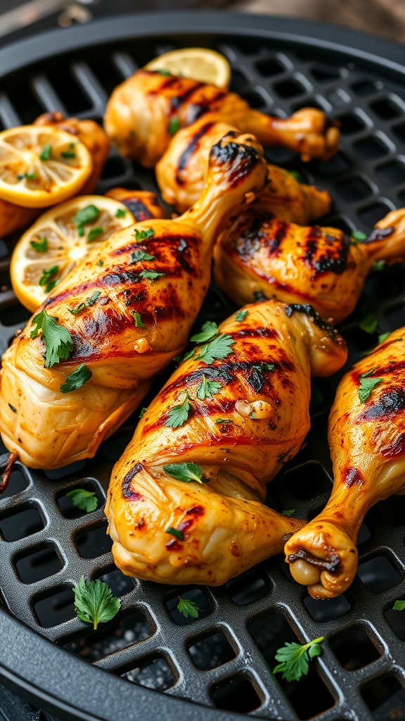 Grilled chicken legs marinated in lemon and herbs.