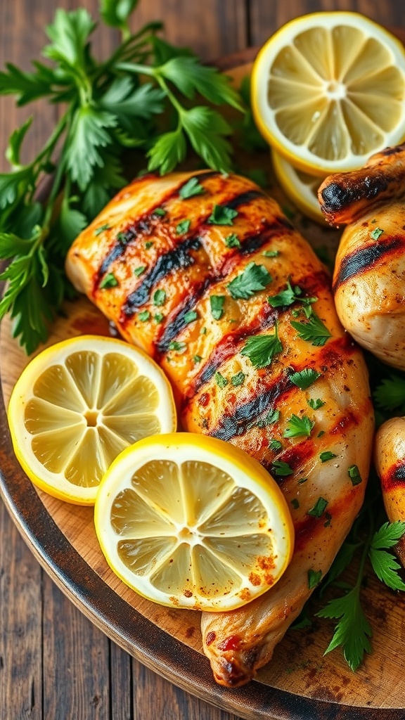 Grilled chicken breasts garnished with herbs and lemon slices on a wooden board.