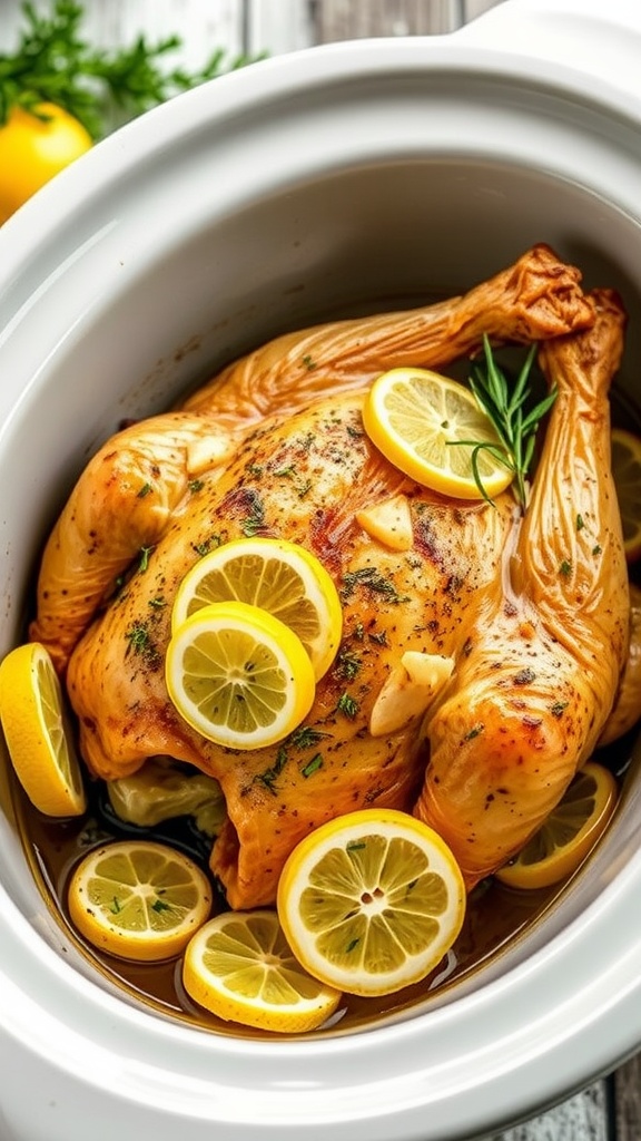 A flavorful lemon herb roasted chicken in a crock pot with lemon slices and herbs.