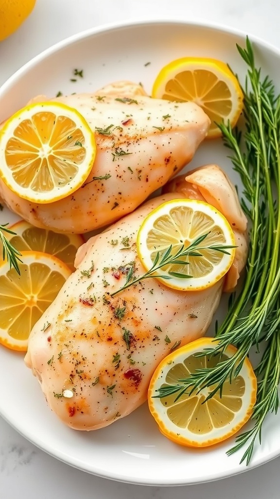 Lemon Herb Roasted Chicken Breasts garnished with lemon slices and herbs