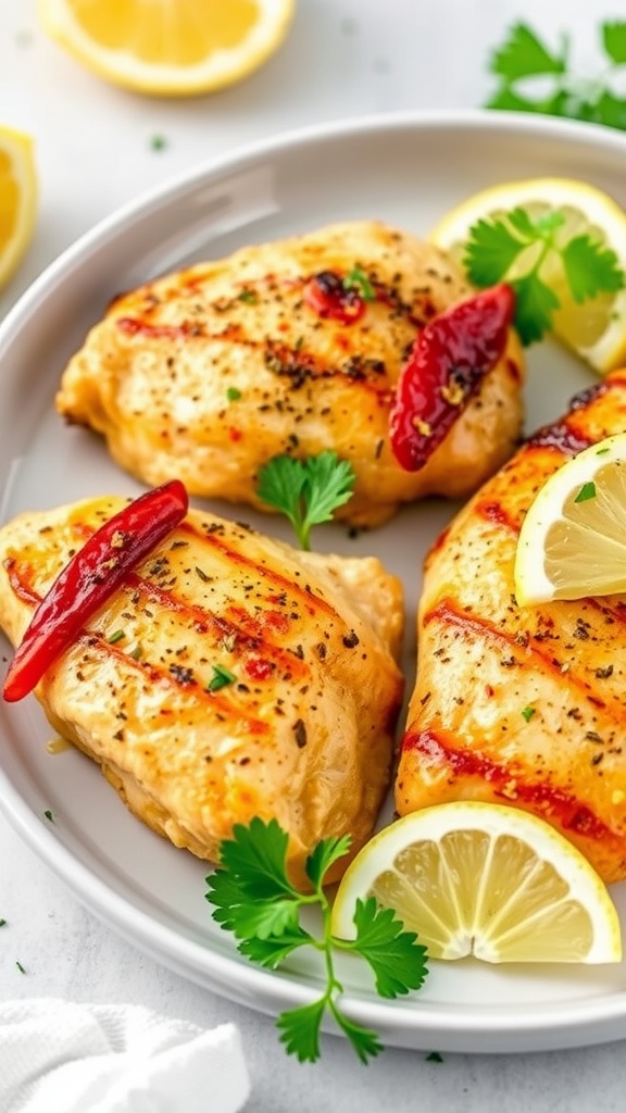 Lemon pepper air fryer chicken breasts garnished with lemon slices and parsley.