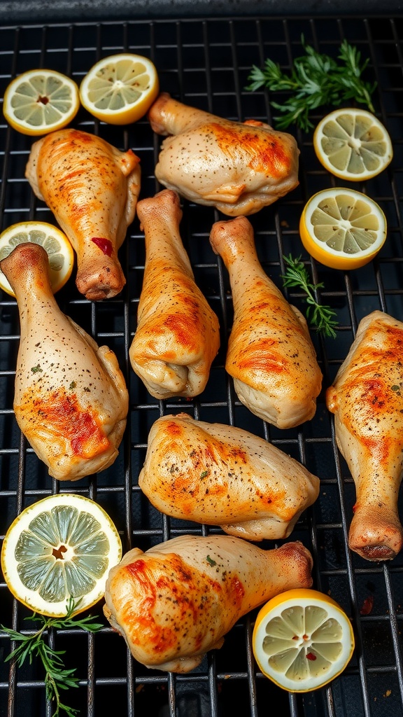 Grilled lemon pepper chicken drumsticks on a grill with lemon slices.