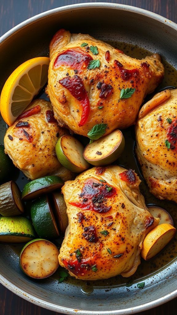 Juicy lemon pepper chicken thighs with lemon slices and vegetables.