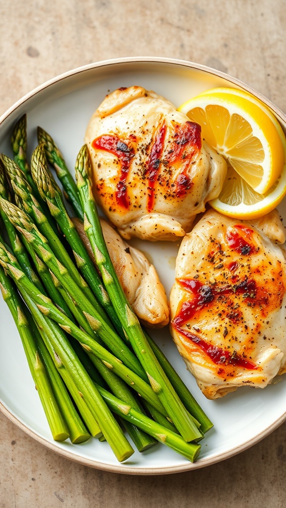 Plate of lemon pepper chicken thighs with asparagus and lemon slices