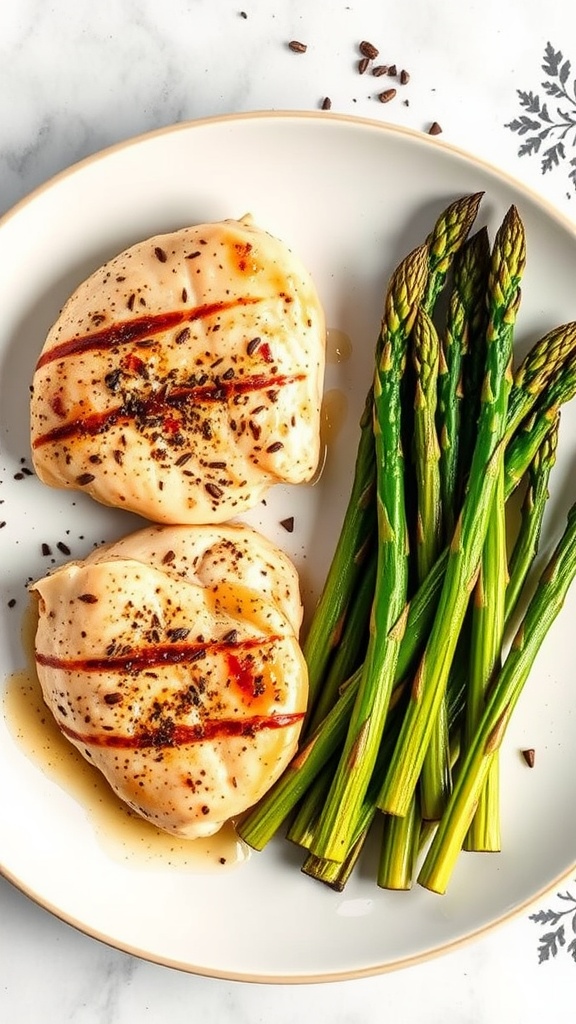 A plate of Lemon Pepper Chicken with Asparagus, showcasing juicy chicken breasts and vibrant green asparagus.