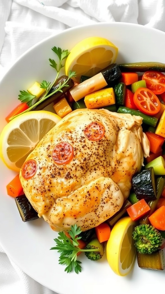A plate of lemon pepper chicken served with colorful vegetables.