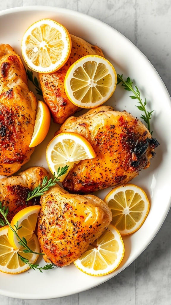 Lemon Pepper Crispy Chicken Thighs with slices of lemon