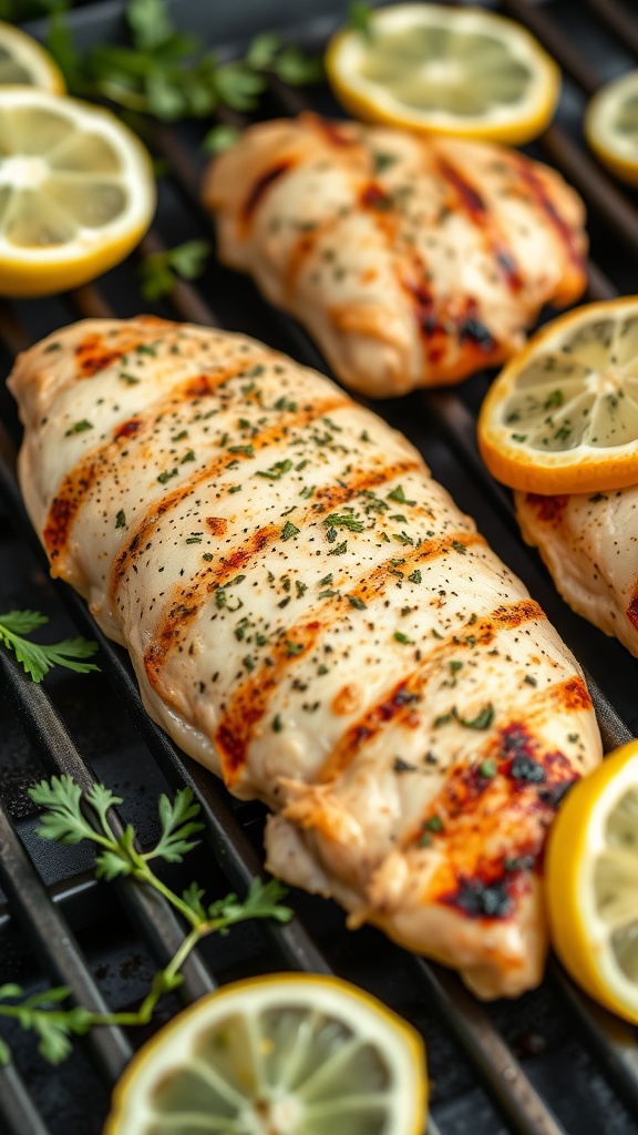Lemon pepper grilled chicken on a grill
