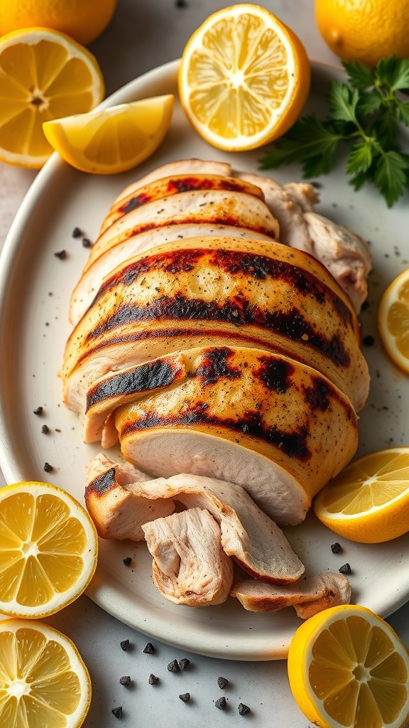 Lemon pepper grilled turkey breast slices with lemon wedges on a plate.