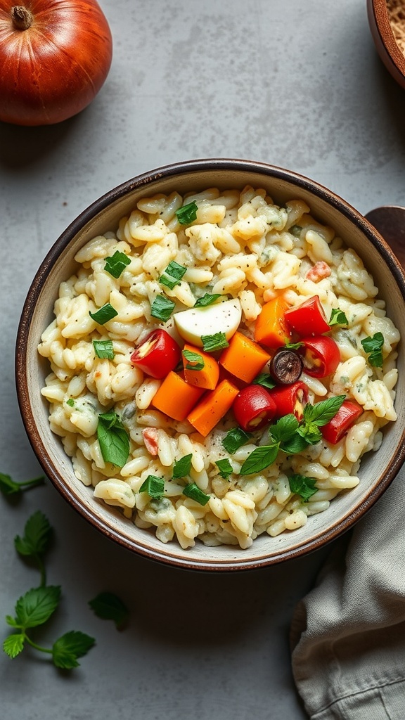 A bowl of creamy vegetable risotto topped with fresh vegetables and herbs.