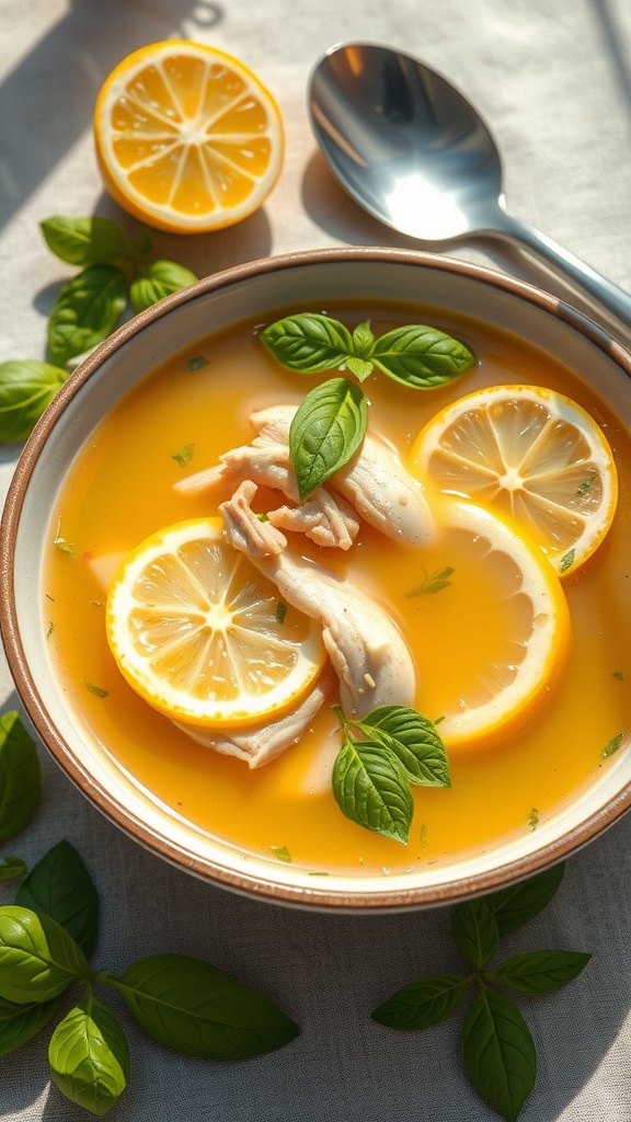 A bowl of light lemon basil chicken soup garnished with lemon slices and fresh basil.