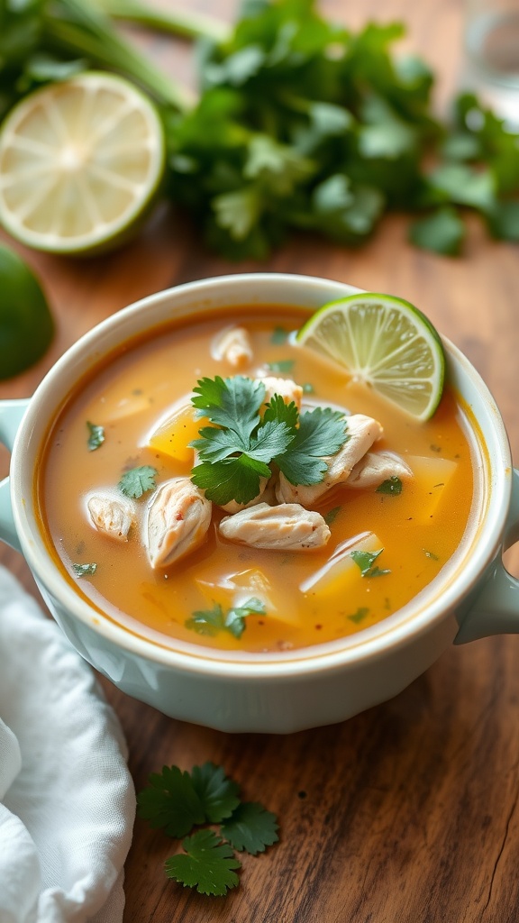 Bowl of lime and cilantro chicken soup garnished with cilantro and lime slices