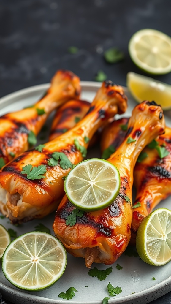 Lime and cilantro grilled chicken legs garnished with lime slices and cilantro.
