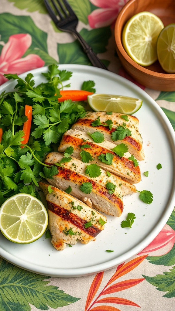 Plate of baked lime cilantro chicken breast with fresh herbs and lime slices.