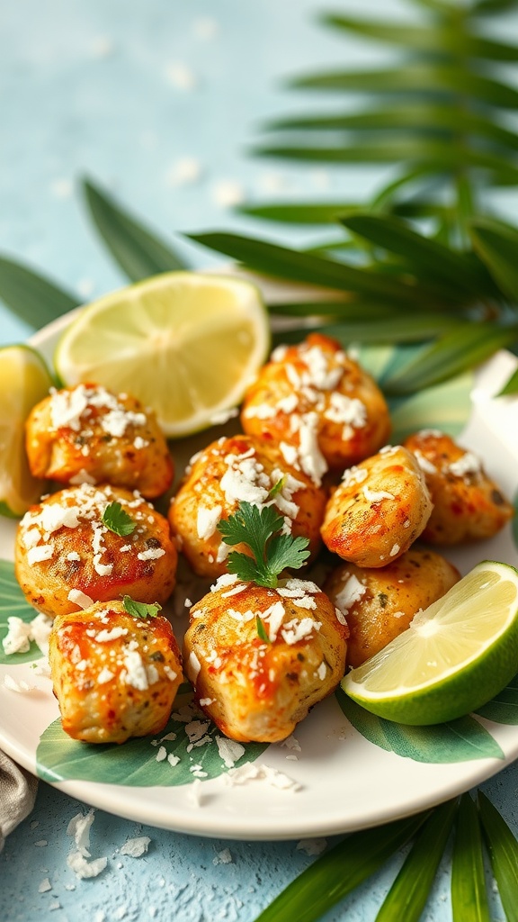 Delicious lime coconut chicken bites garnished with lime slices and cilantro