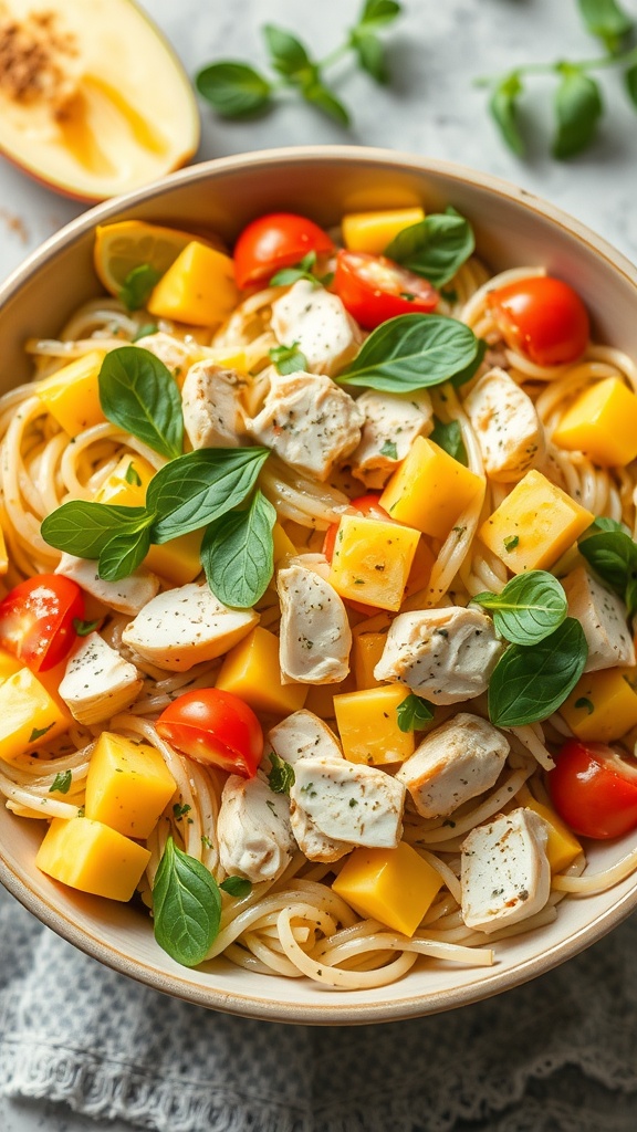 A delicious mango chicken pasta salad featuring rotini pasta, diced mango, shredded chicken, and fresh vegetables.
