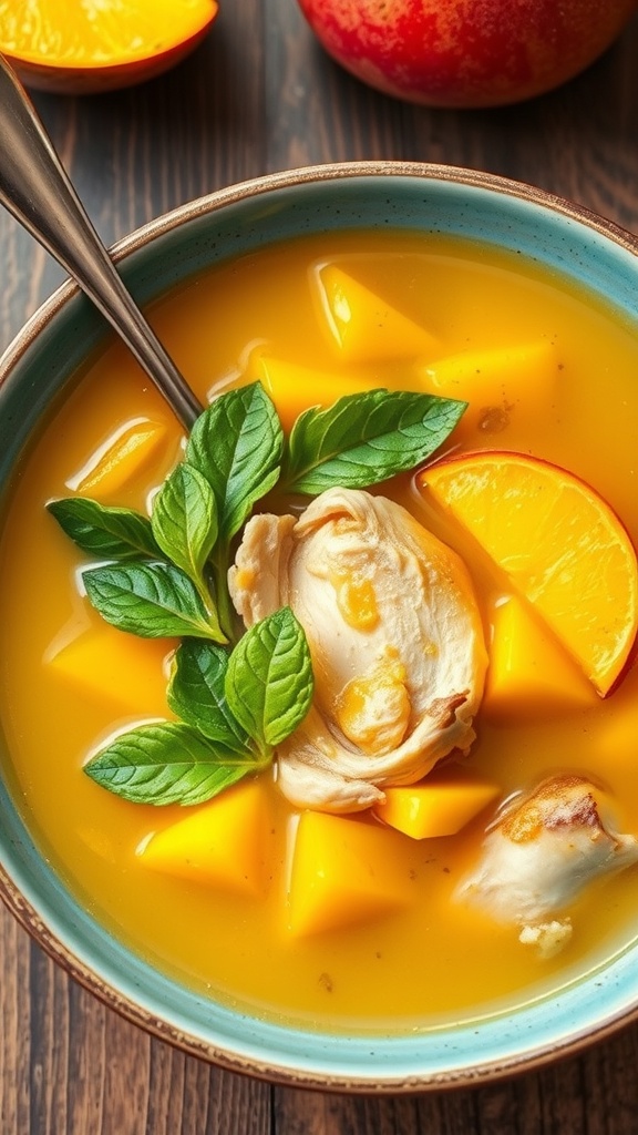 Bowl of Mango Ginger Chicken Soup with fresh ingredients