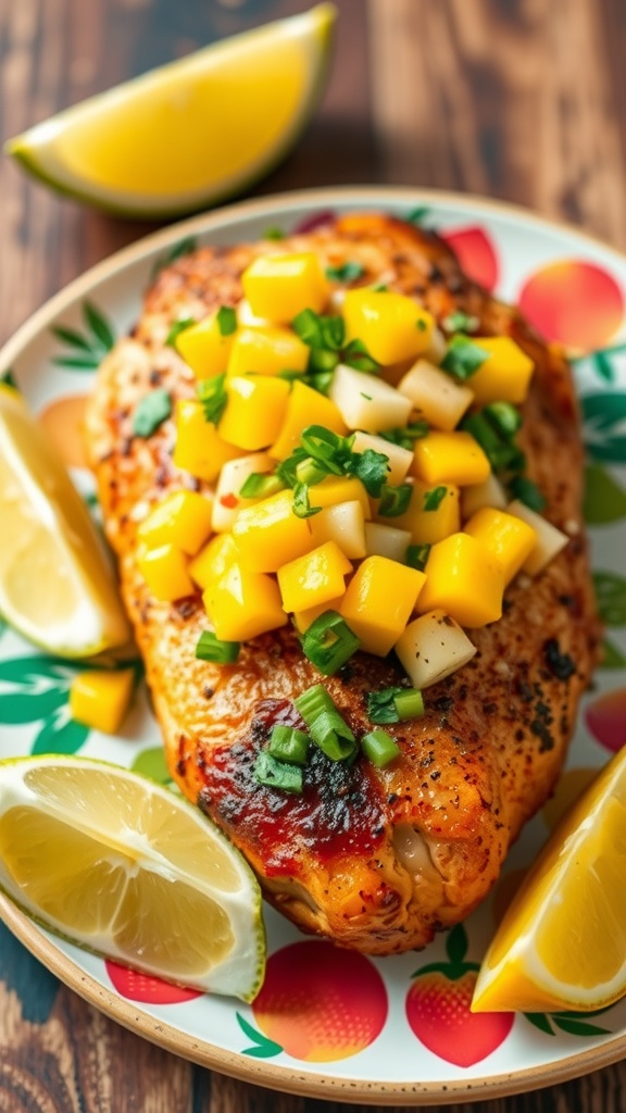 Delicious Mango Salsa Air Fryer Chicken served on a colorful plate with lime wedges.
