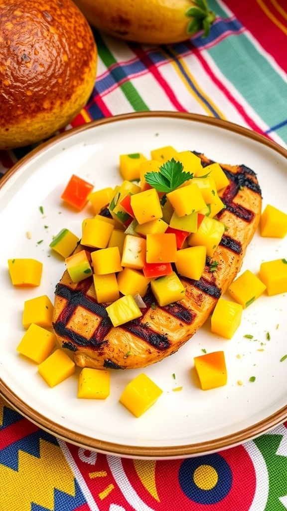 Grilled chicken breast topped with mango salsa on a colorful tablecloth
