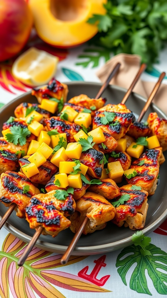 Grilled chicken skewers topped with mango salsa