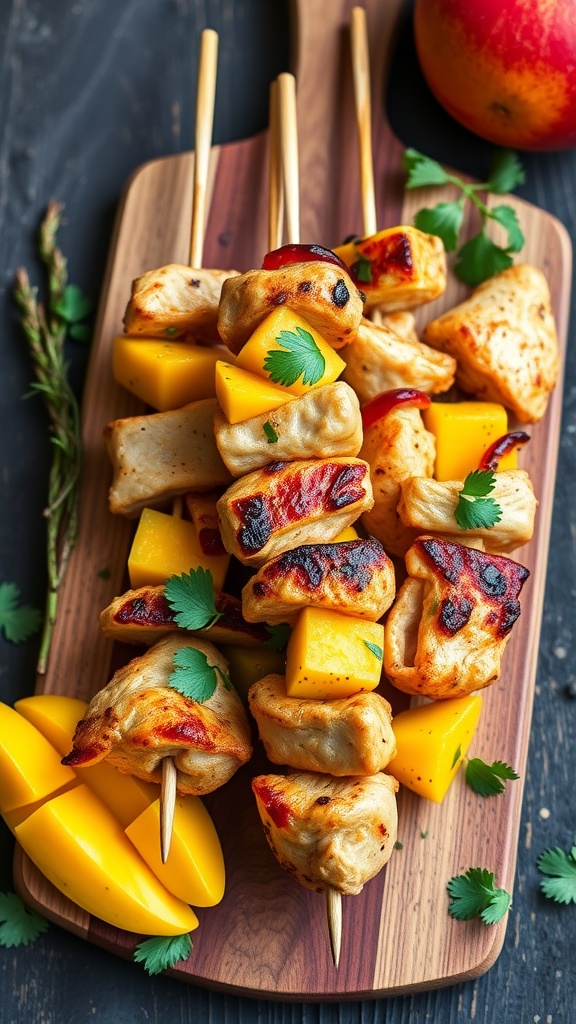 Delicious Mango Tango Chicken Skewers on a wooden platter