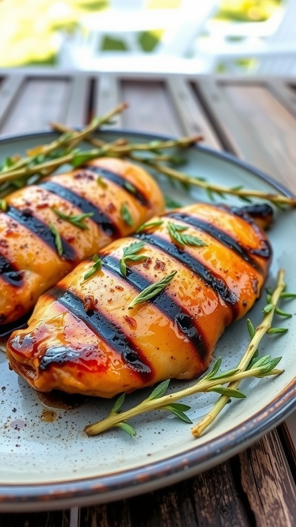 Grilled chicken breasts with a maple mustard glaze on a plate