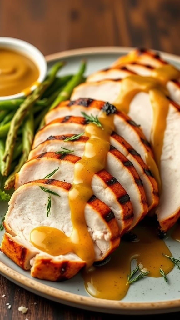 Sliced grilled turkey breast drizzled with maple mustard sauce served with green beans.