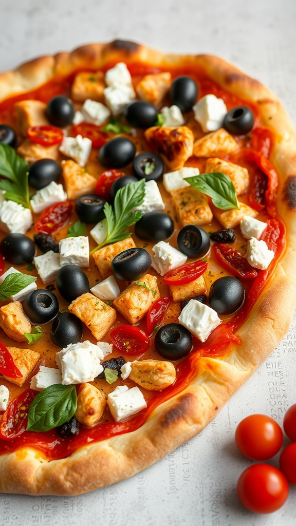 Mediterranean BBQ chicken pizza with feta, olives, and sun-dried tomatoes