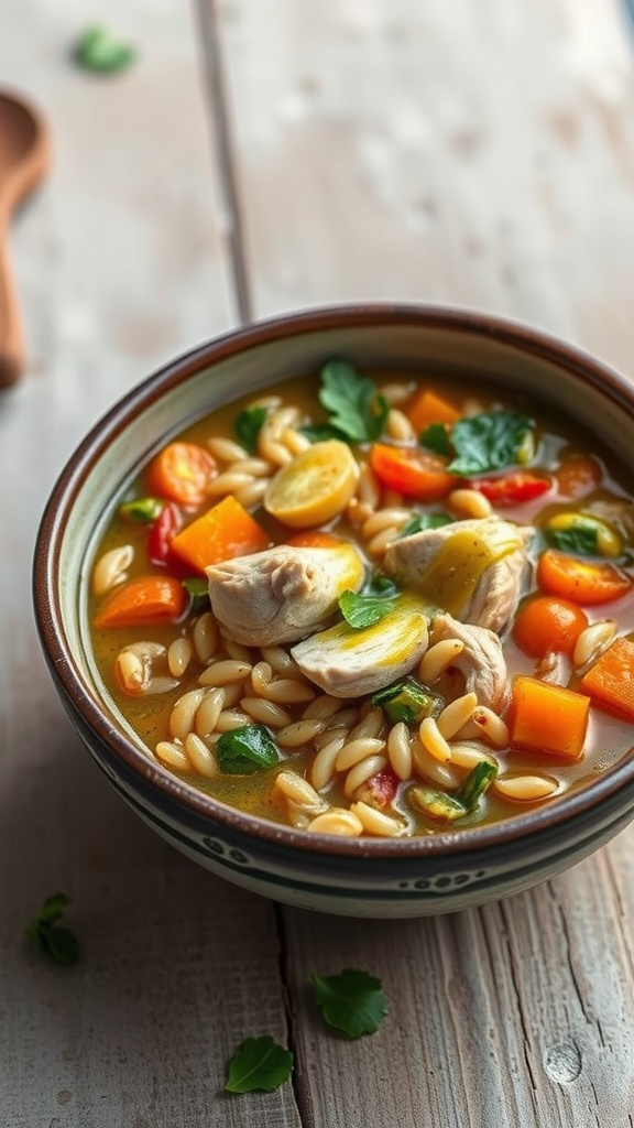 A bowl of Mediterranean Chicken and Orzo Soup with colorful vegetables and chicken pieces.