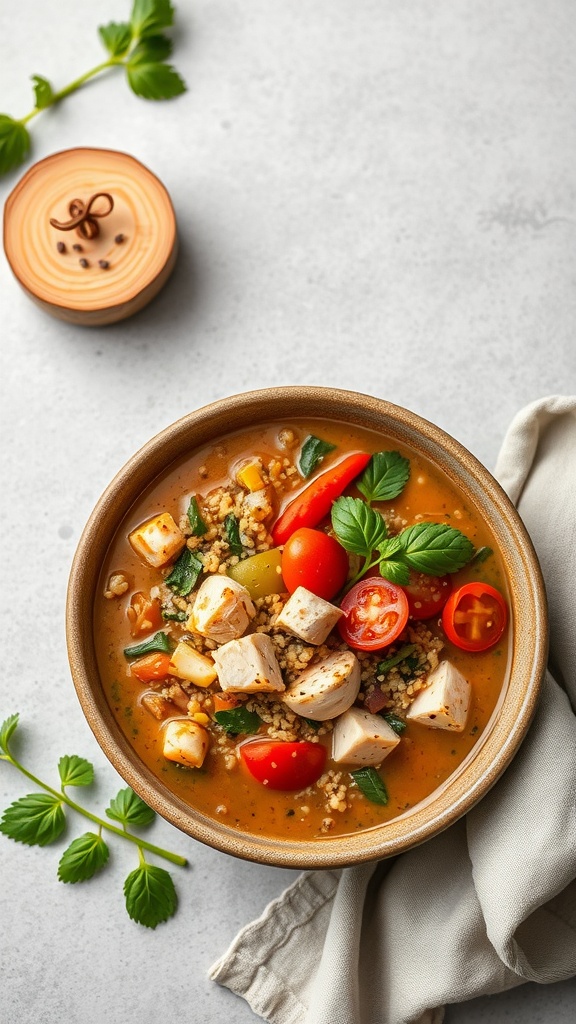 Mediterranean Chicken and Quinoa Soup in a bowl with fresh vegetables and herbs