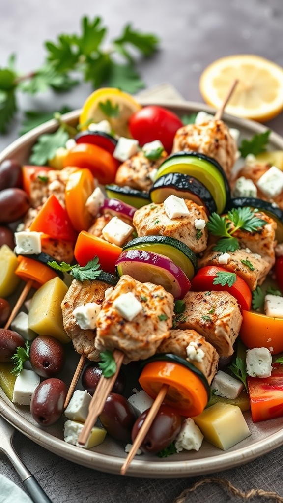 Mediterranean Chicken and Vegetable Kabobs on a plate