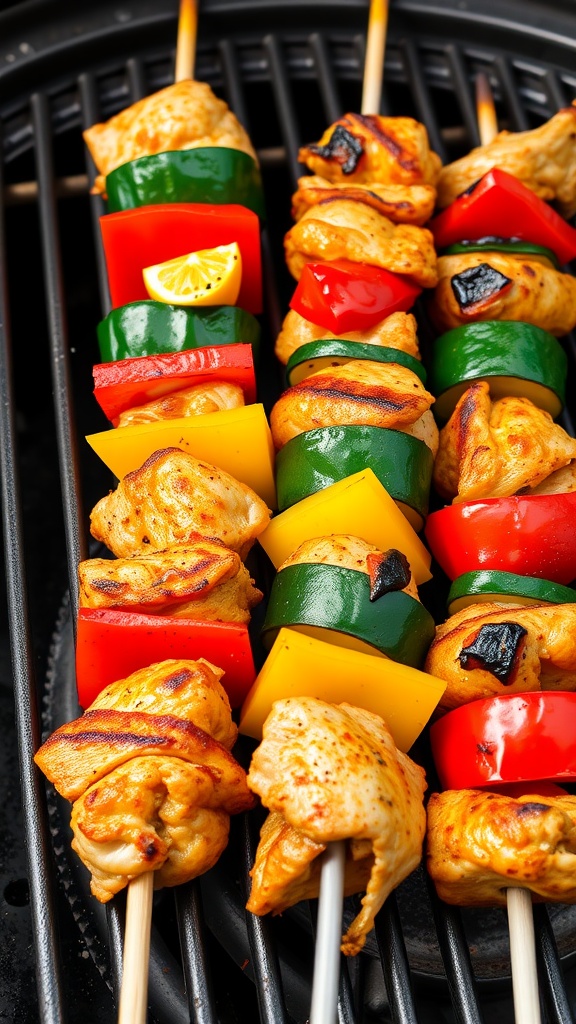 Mediterranean chicken and vegetable skewers on a grill