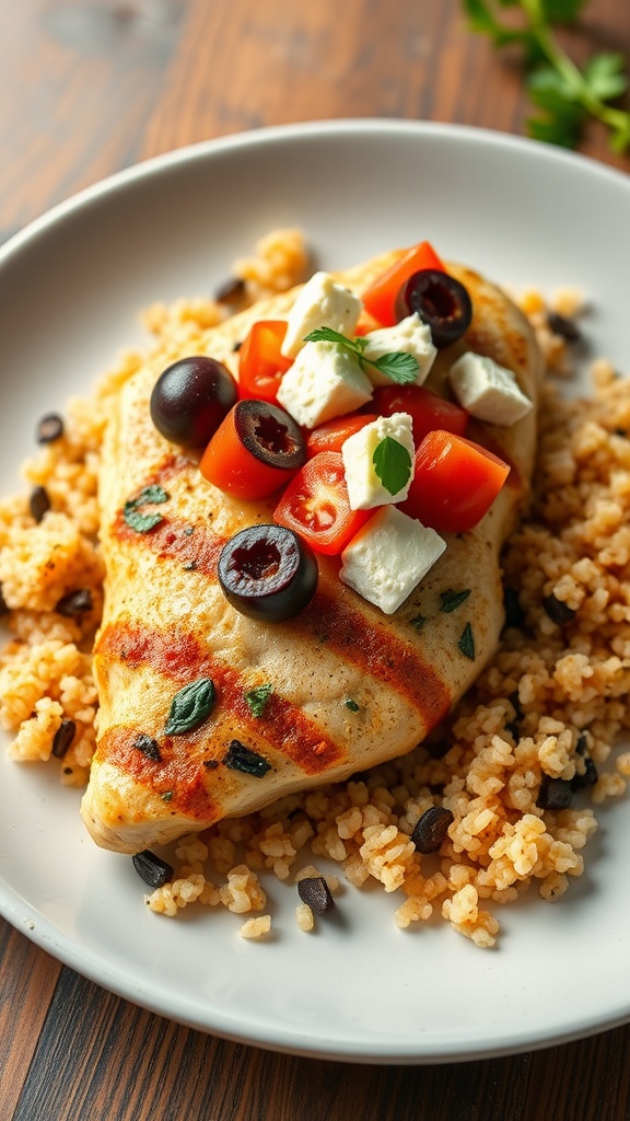 Plate of Mediterranean chicken breast with olives, topped with feta cheese and cherry tomatoes.