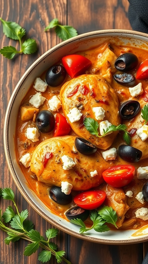 A bowl of Mediterranean chicken casserole with olives, tomatoes, and feta cheese garnished with parsley.
