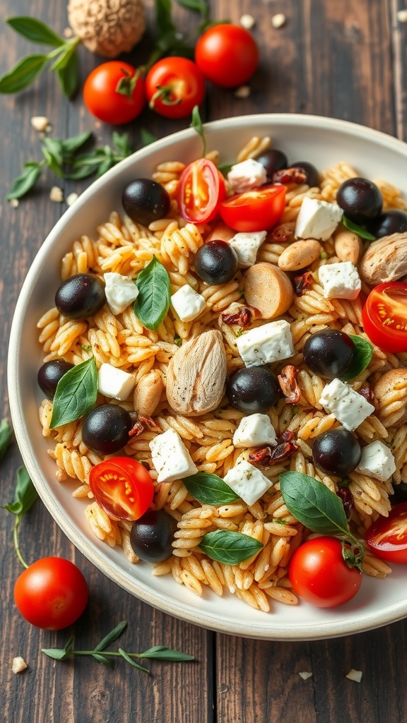 A colorful Mediterranean chicken orzo salad with tomatoes, olives, and feta cheese.