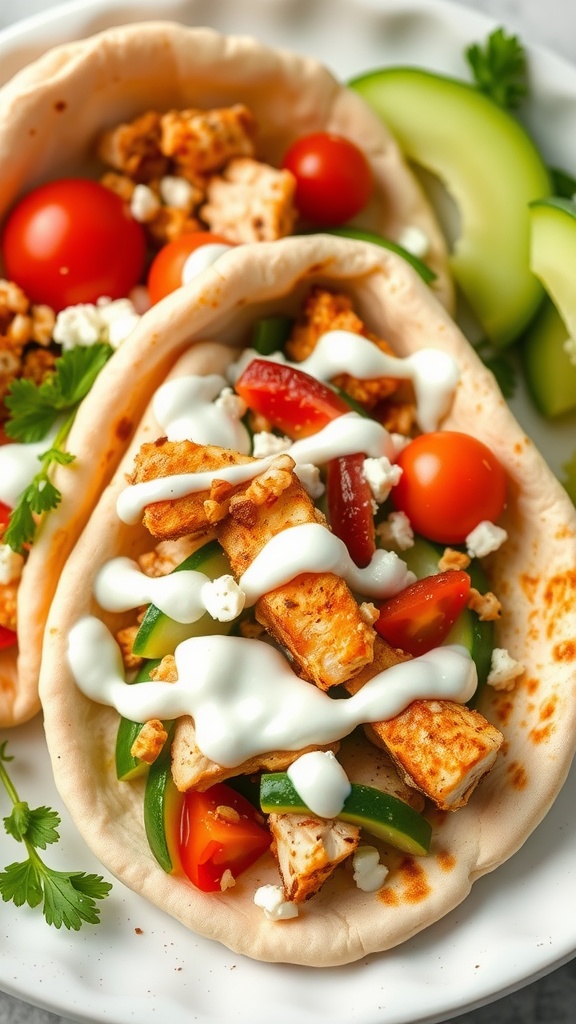 Delicious Mediterranean chicken pita pockets filled with veggies and yogurt sauce.