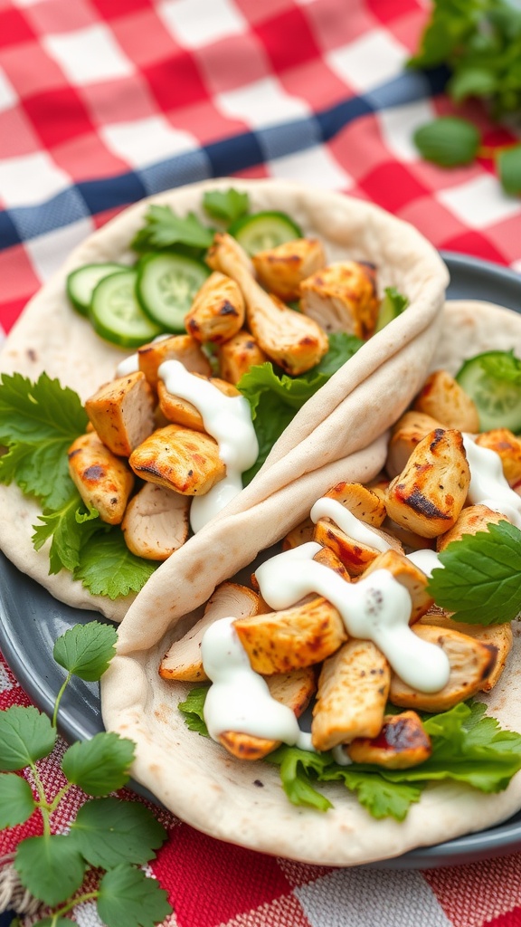 Mediterranean Chicken Pita Wraps with grilled chicken, cucumbers, and herbs in pita bread.