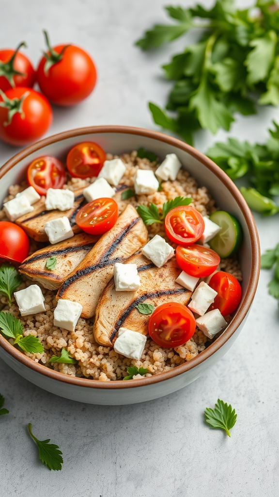Mediterranean chicken quinoa bowl with grilled chicken, tomatoes, and feta cheese.