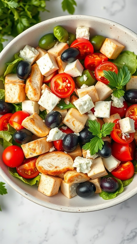 A bowl filled with Mediterranean chicken salad featuring greens, chicken, olives, tomatoes, and feta.