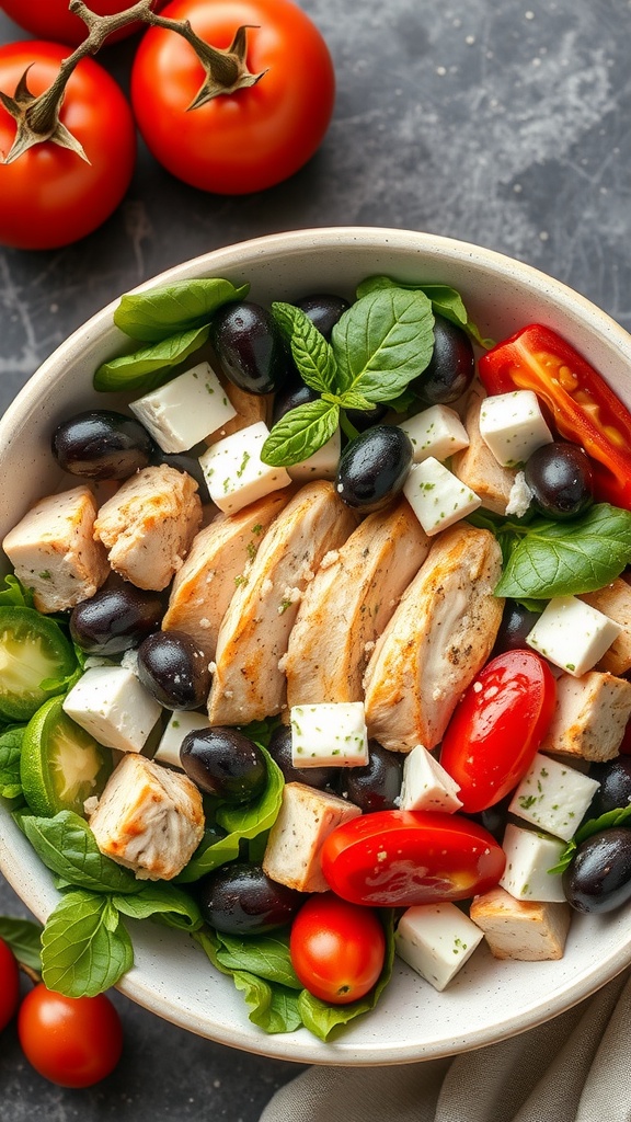 A colorful Mediterranean chicken salad with mixed greens, sliced chicken, feta cheese, and cherry tomatoes.